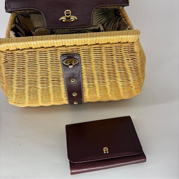 Etienne Aigner Brown and Tan hand Bag with Woven Wicker Texture with wallet - Picture 5 of 16